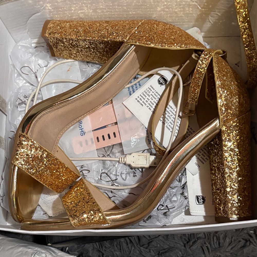 Gold Glitter Block Heel Sandals - Women